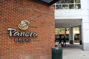 Signage on the outside of the Johnson Center for the new Panera Bread location