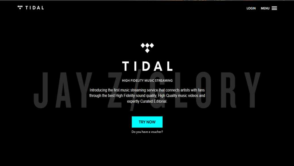 Screenshot of Tidal homepage. 