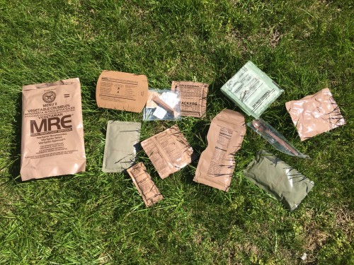 The contents of this Meal Ready to Eat (MRE) include “vegetarian crumbles with pasta in taco style sauce,” chocolate chip cookies and pears, among other snacks. The package also contains a plastic spoon and a raspberry flavored “beverage base.” (Ellen Glickman/Fourth Estate)