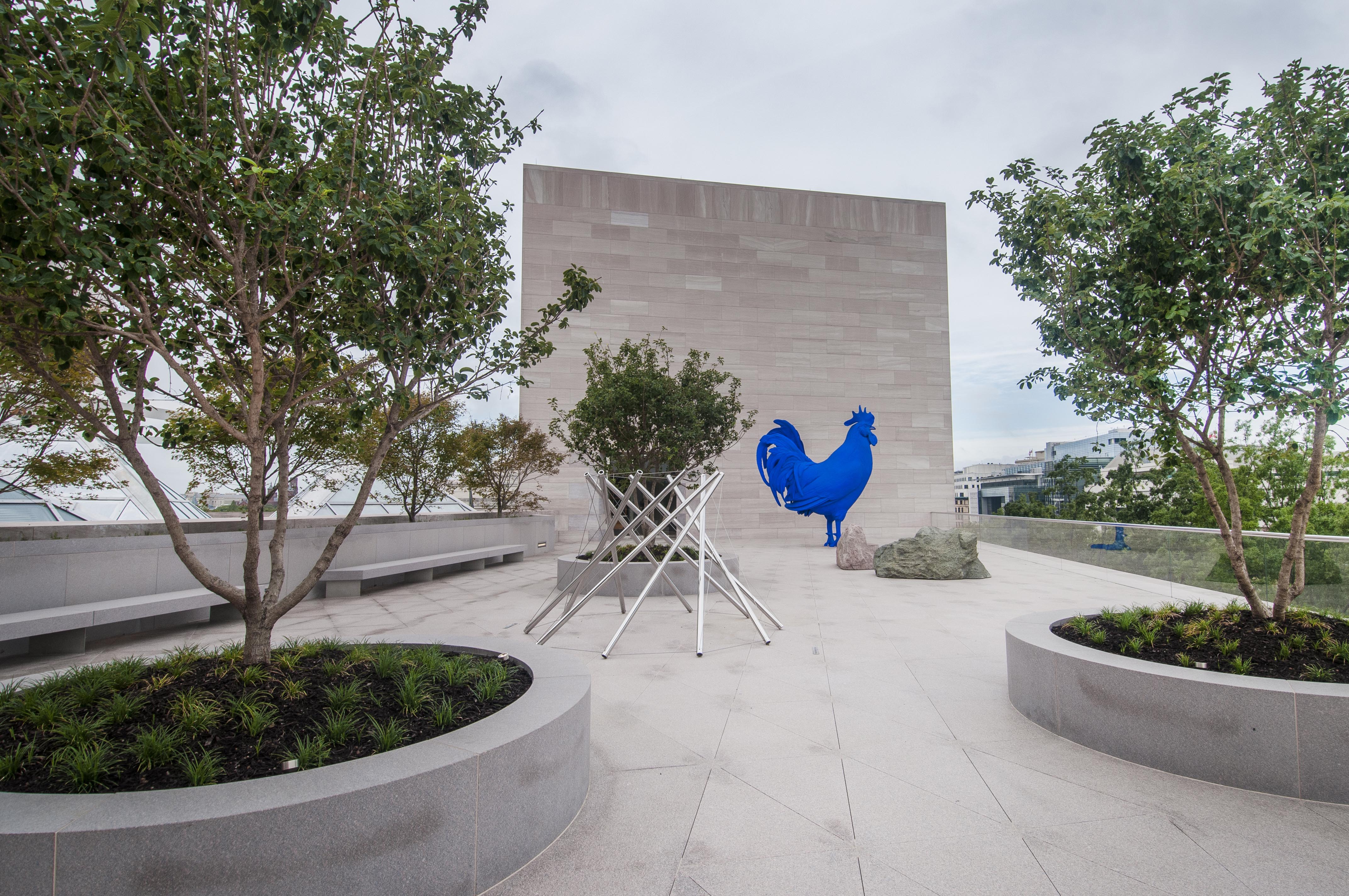 Photography of the new Roof Terrace of the National Gallery of Art East Building. Several sculptures are on view, including Hahn/Cock (2013) by German artist Katharina Fritsch